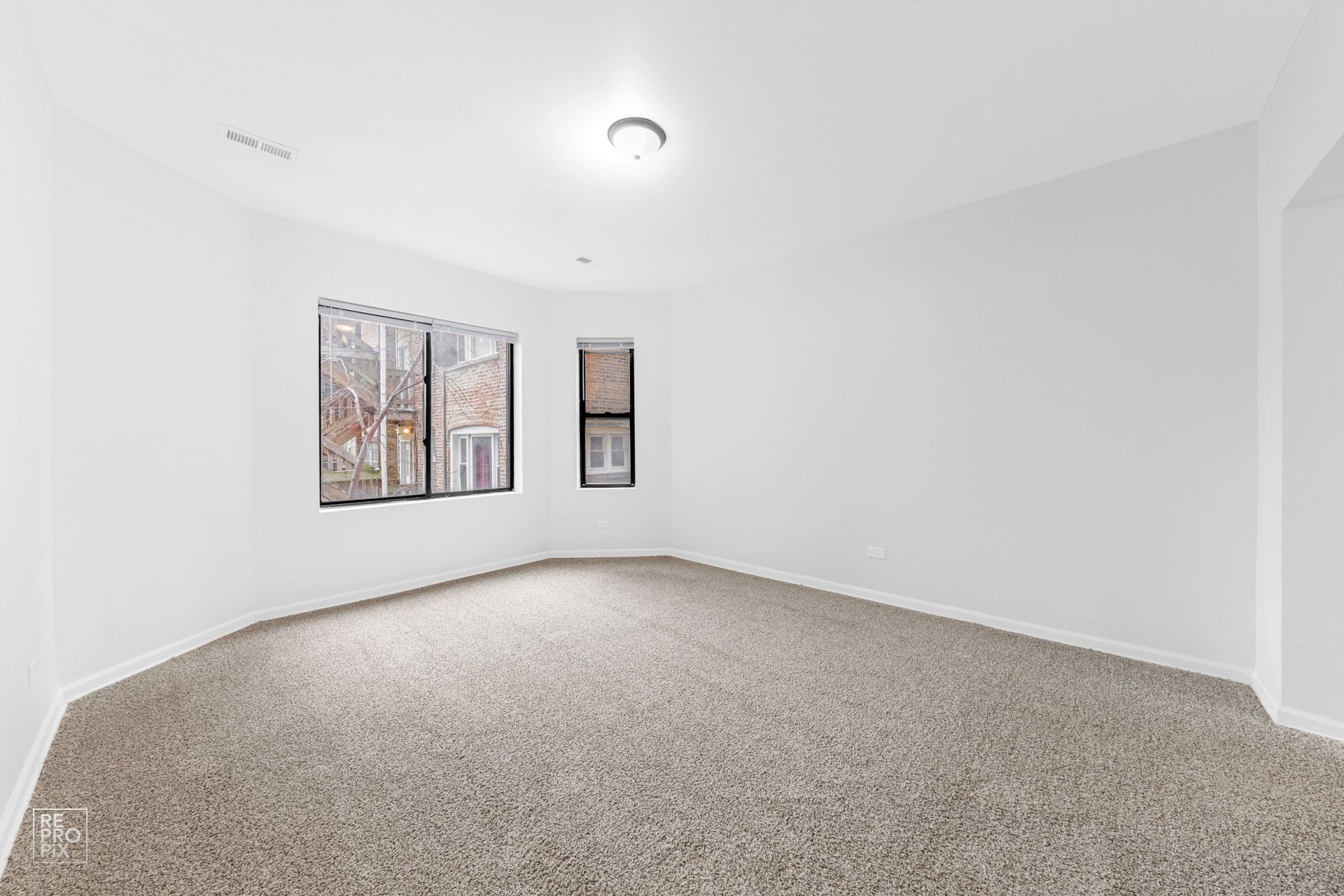Empty room with neutral-colored carpet and white walls. Two windows and a ceiling light.