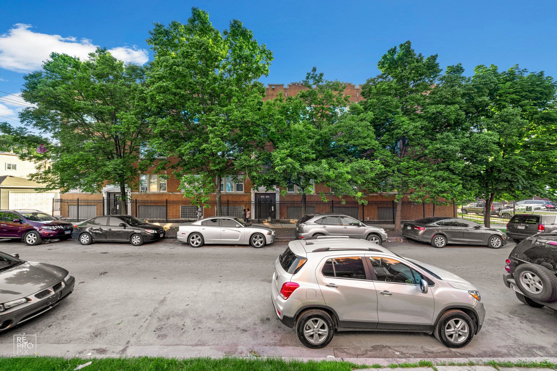 Street view of parked cars in front of a multi-story building lined with green trees on a sunny day.