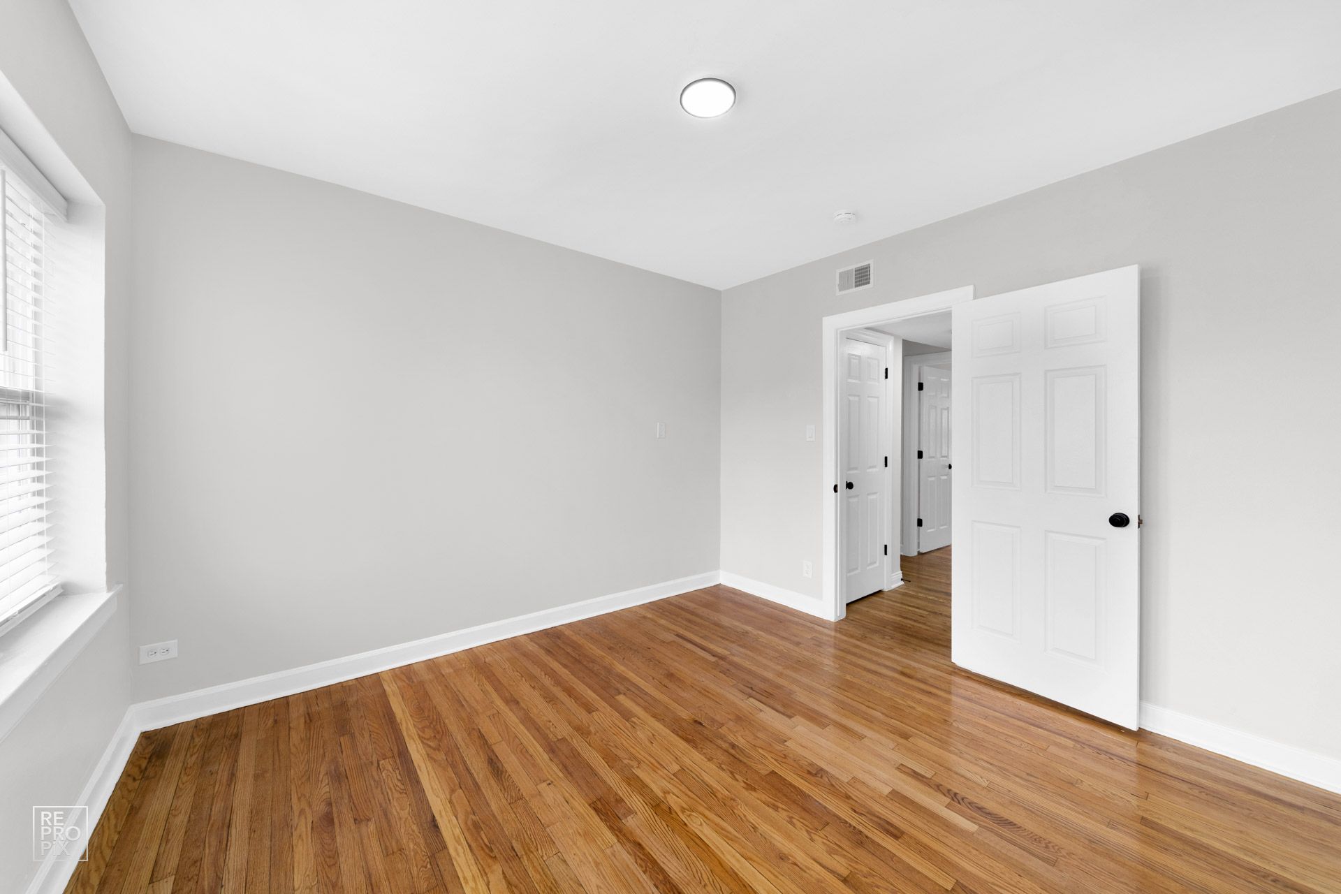 Empty room with hardwood floors, light gray walls, and white doors and trim.