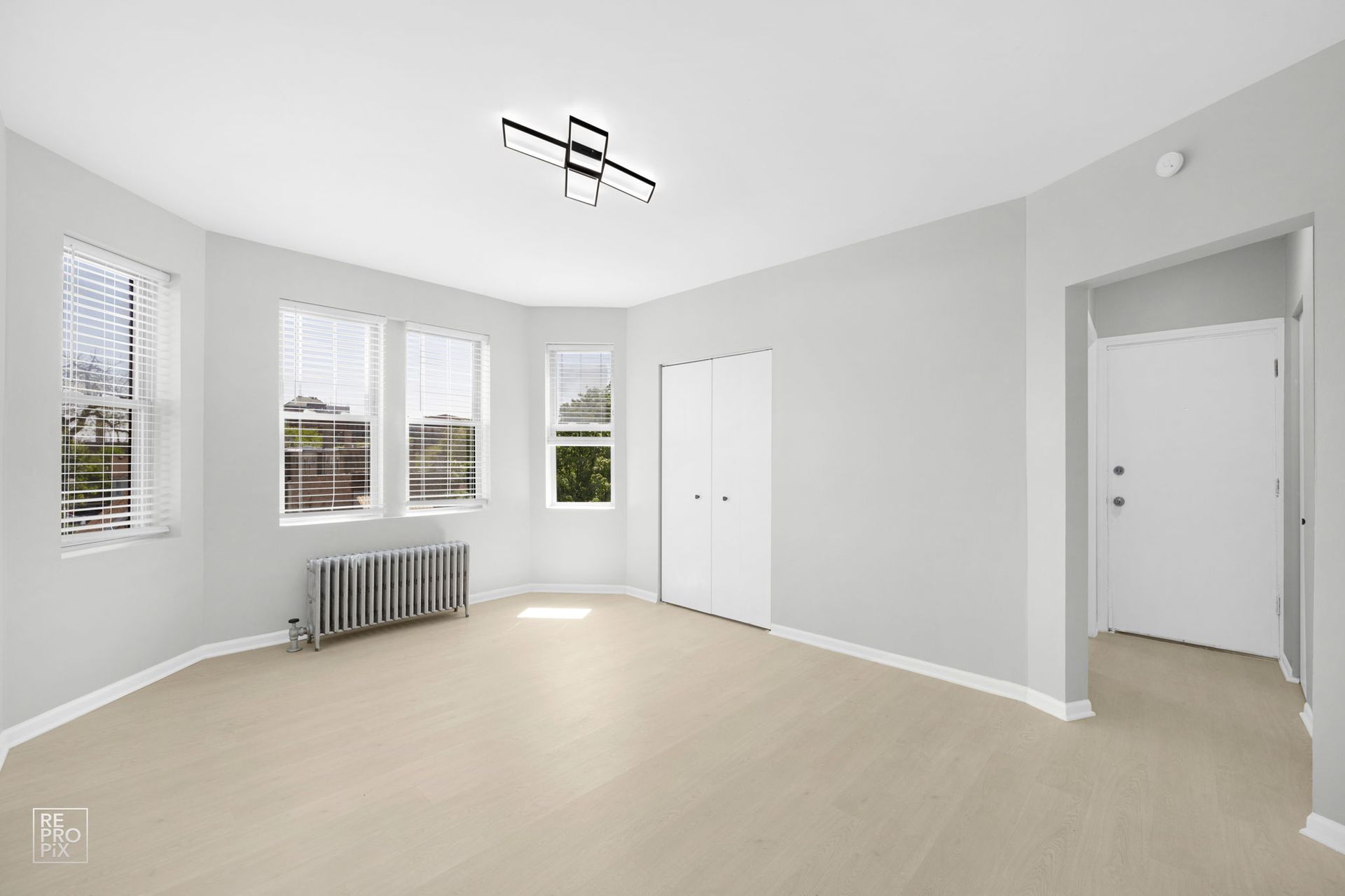 Empty room with light-colored walls, carpet, and a bay window with blinds. Includes a closet and doorway.