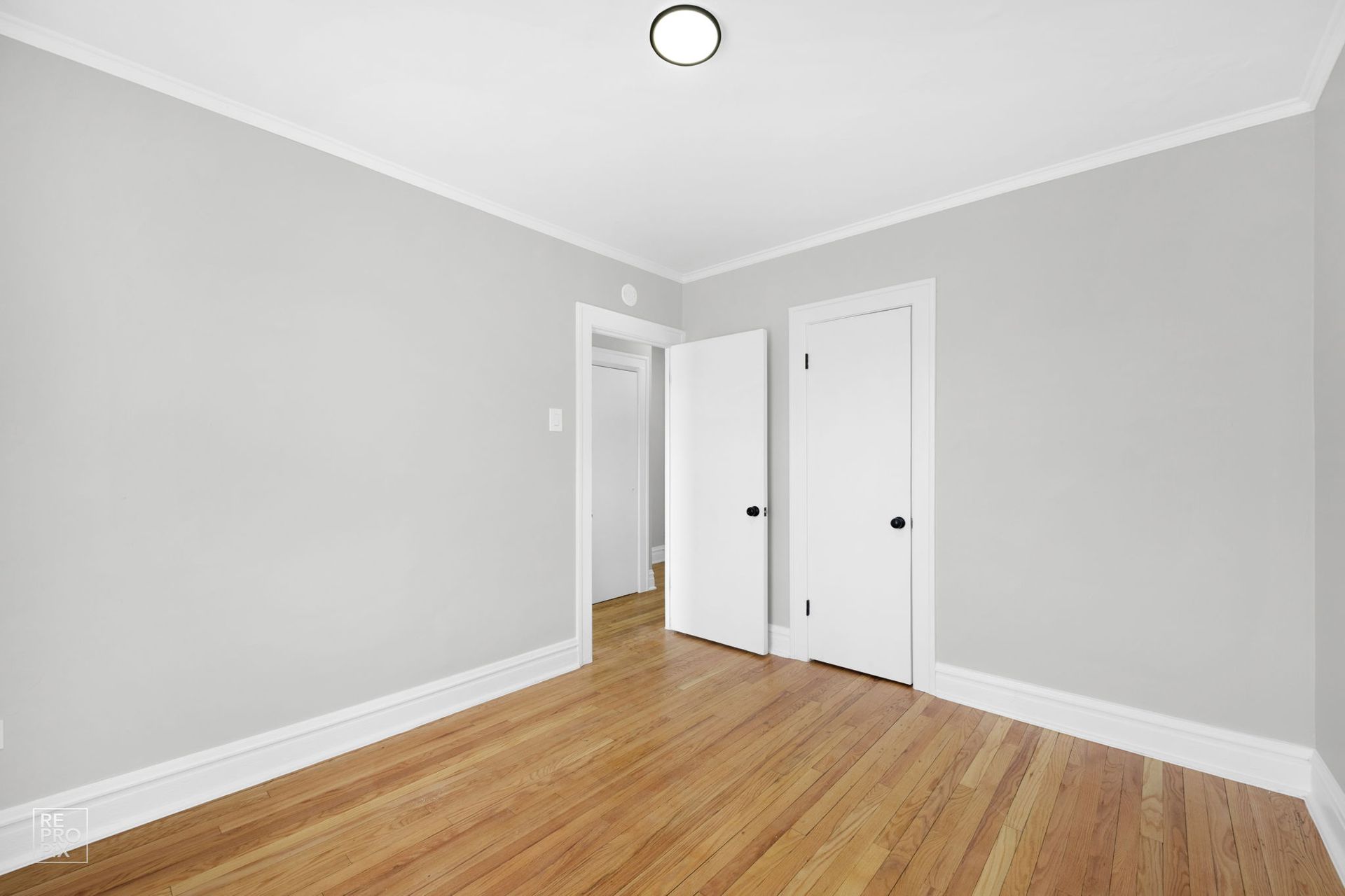 Empty room with light gray walls, white trim, and hardwood floors. Two white doors and a doorway.