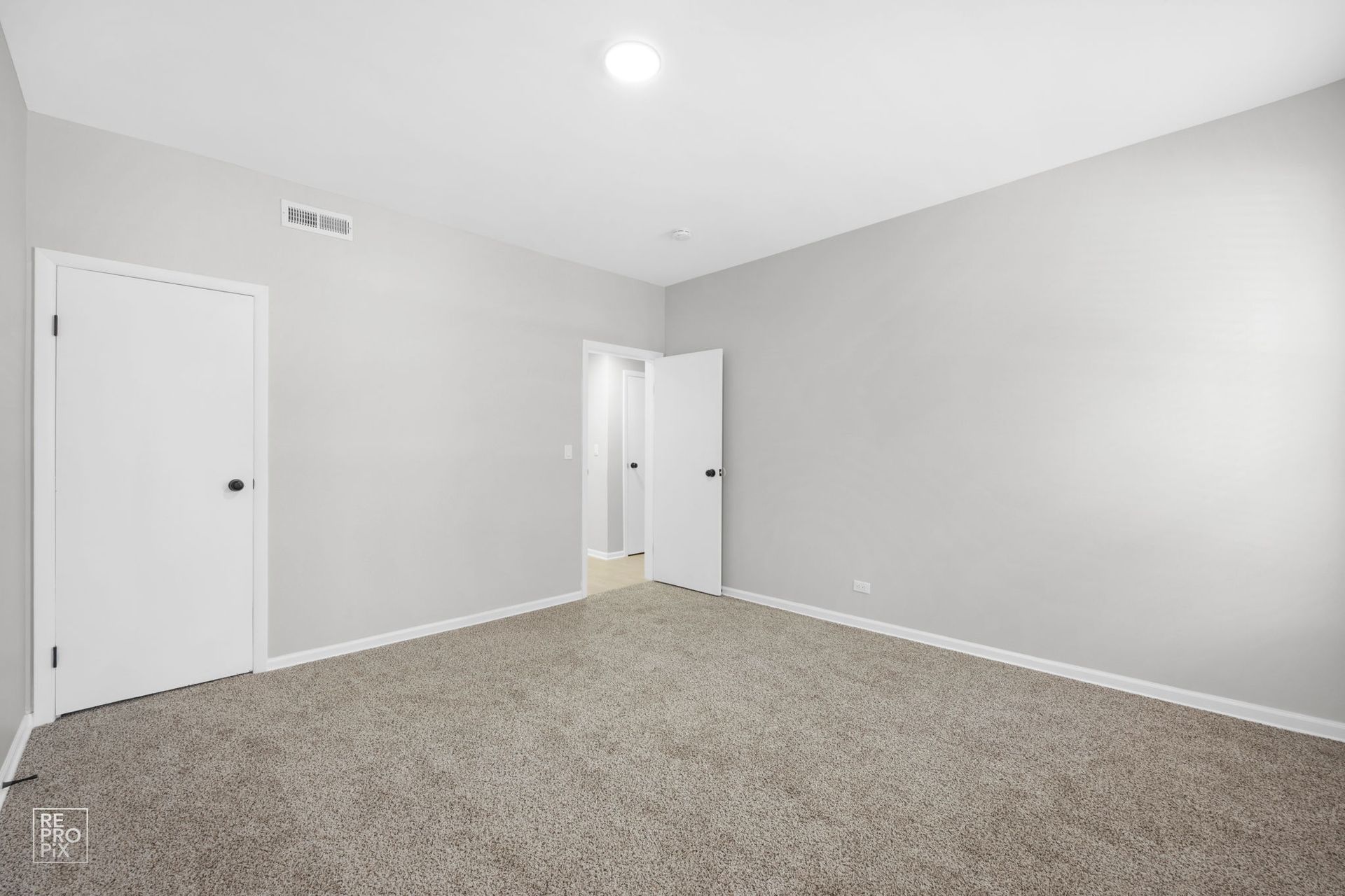 Empty room with gray walls, two white doors, carpet flooring, and a ceiling light.