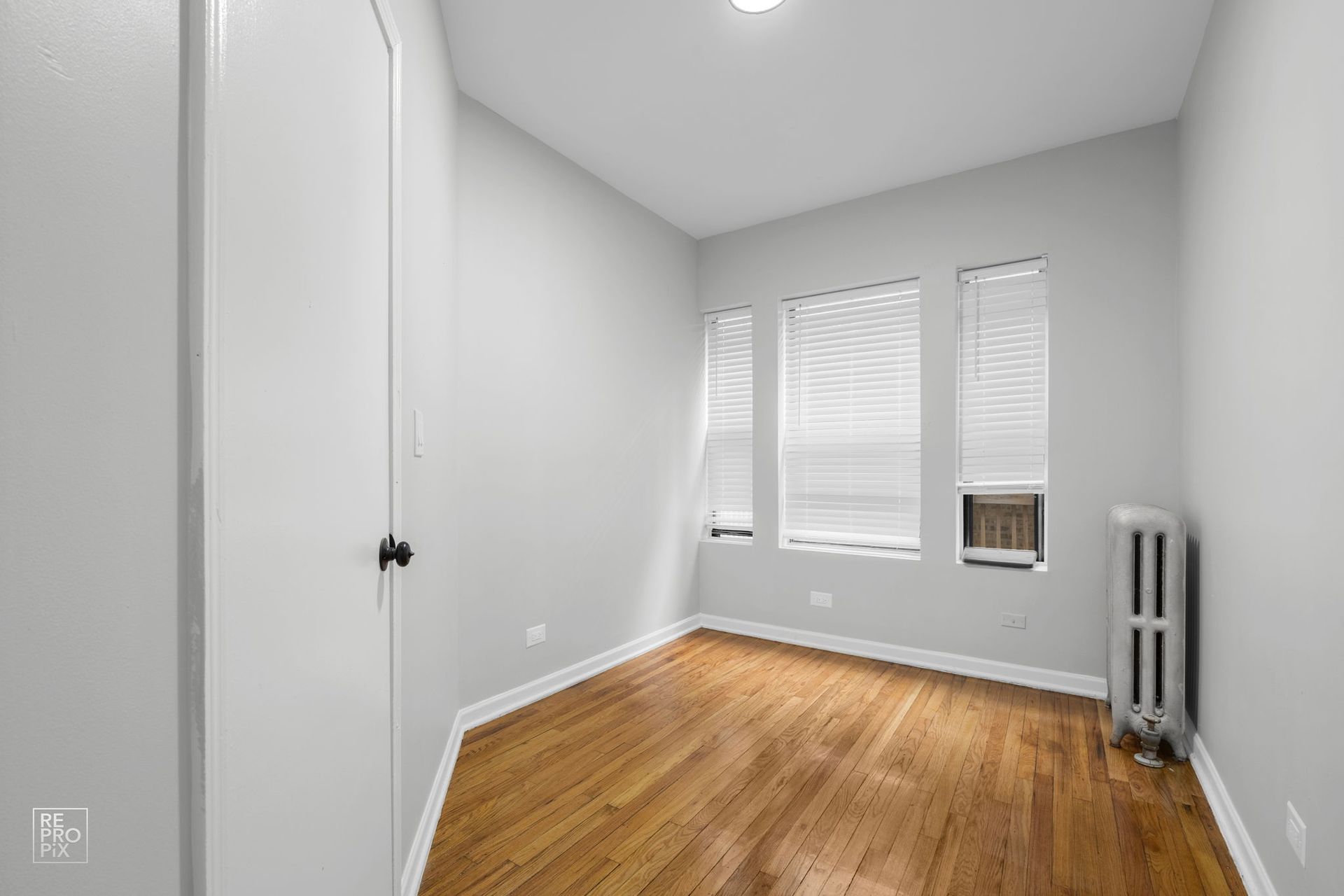 Empty room with wood floor, three windows, radiator, and a closed white door.
