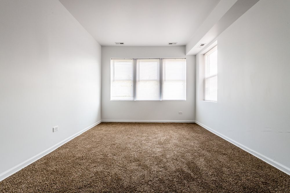 Empty room with brown carpet, white walls, and three windows.