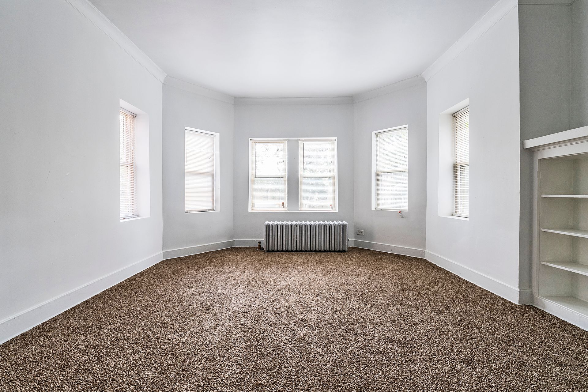 Empty room with brown carpet, white walls, multiple windows, and a built-in bookshelf.