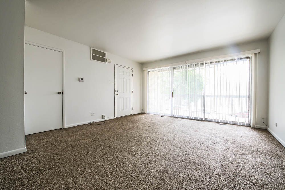Empty room with brown carpet, white walls, two closed doors, and a sliding glass door with vertical blinds.