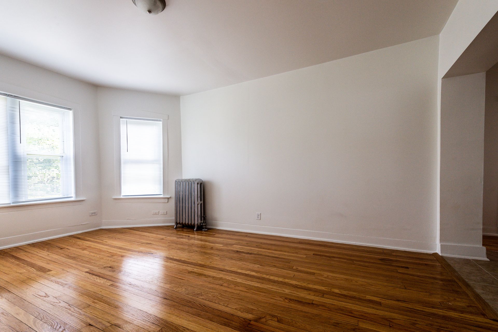 Empty living room with hardwood floors, white walls, two windows, and radiator.
