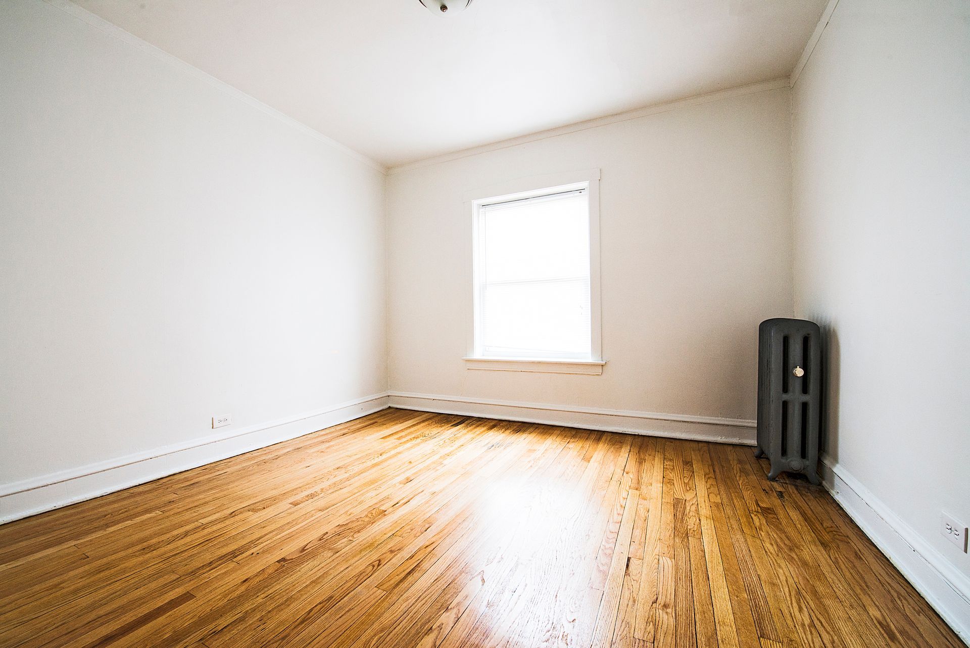 Empty room with hardwood floors, white walls, and a radiator. A window is centered in the back.