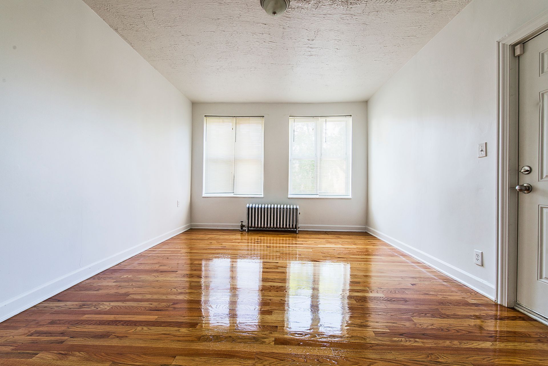Empty room with hardwood floors, two windows with blinds, radiator, and white door.