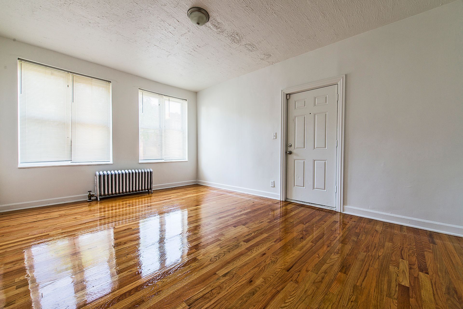 Empty room with wood floor, two windows with blinds, a white door, and a radiator.