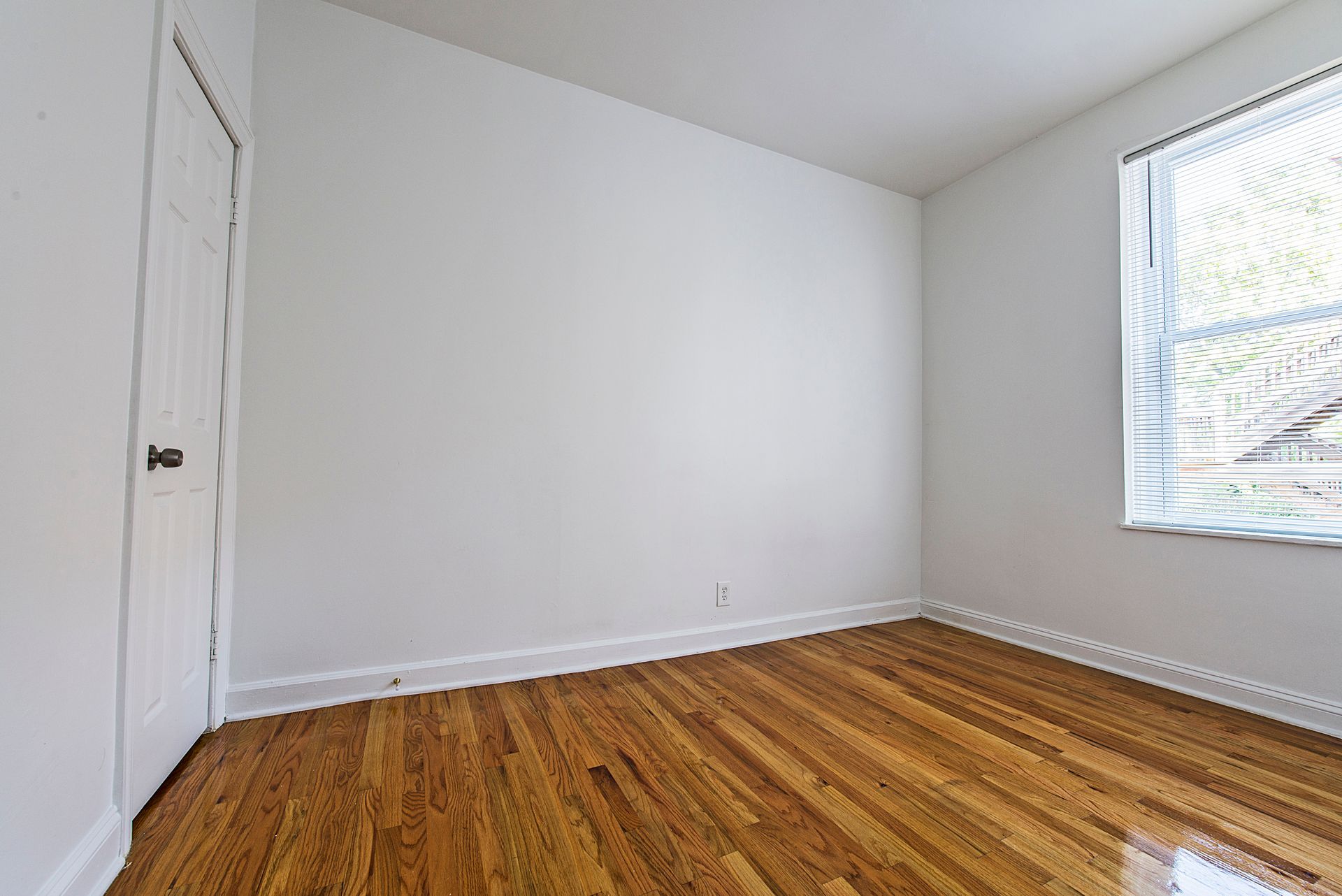 Empty room with hardwood floors, white walls, a closed door, and a window with blinds.