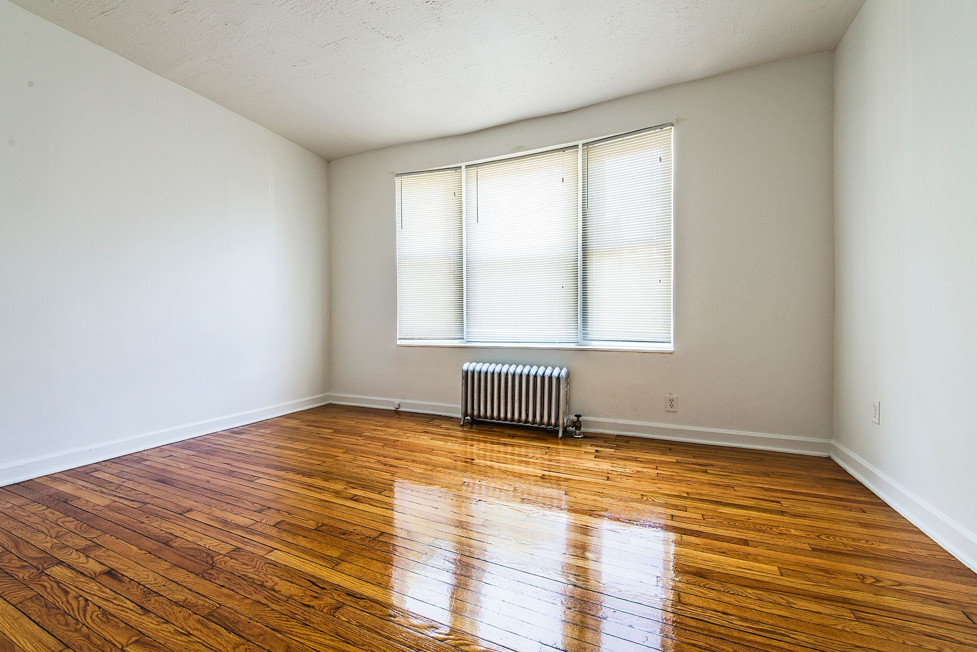 Empty room with wood floor, white walls, window with blinds, and radiator.