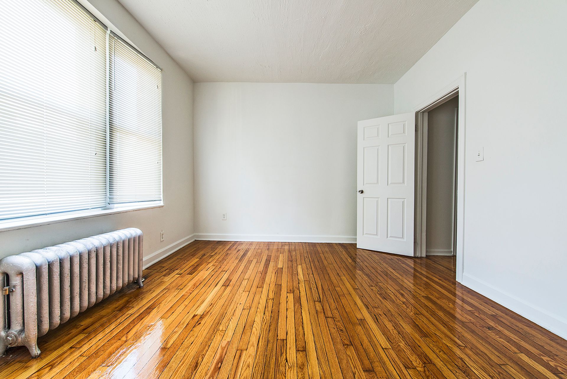 Empty room with hardwood floors, a radiator, window with blinds, and an open door.