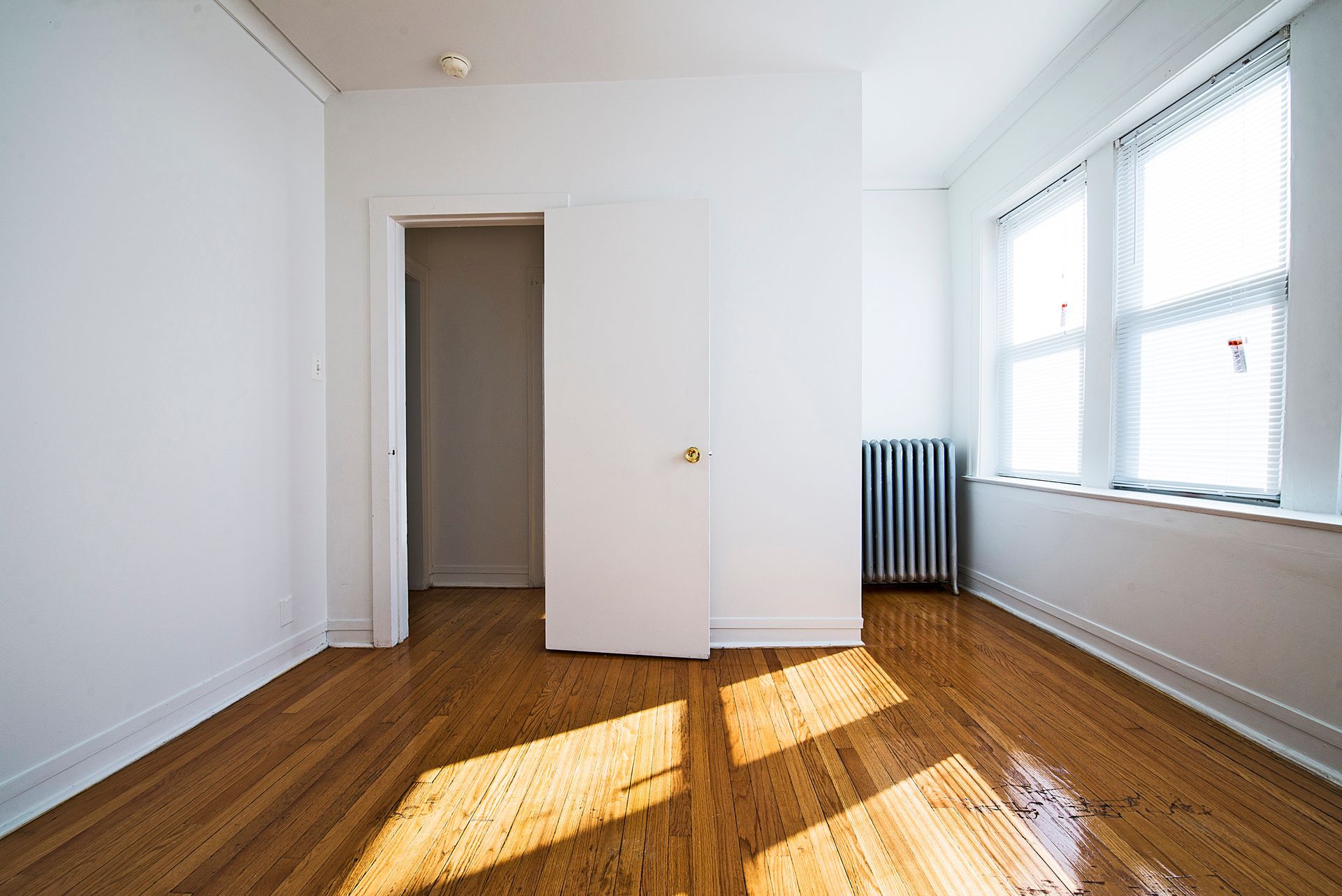 Empty room with wood floor, white walls, closet, and a window with sunlight.