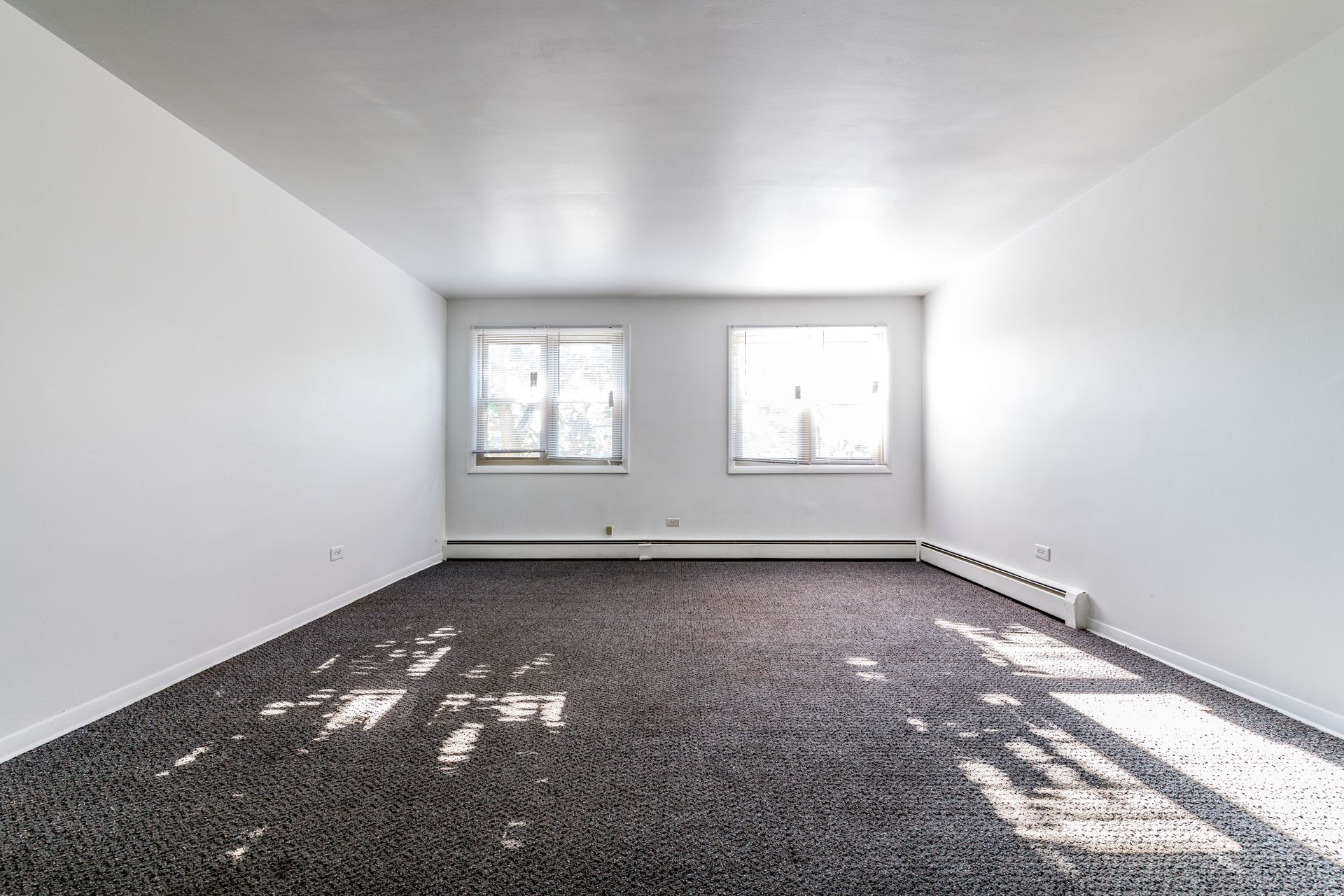 Empty room with two windows, white walls, and gray carpet.