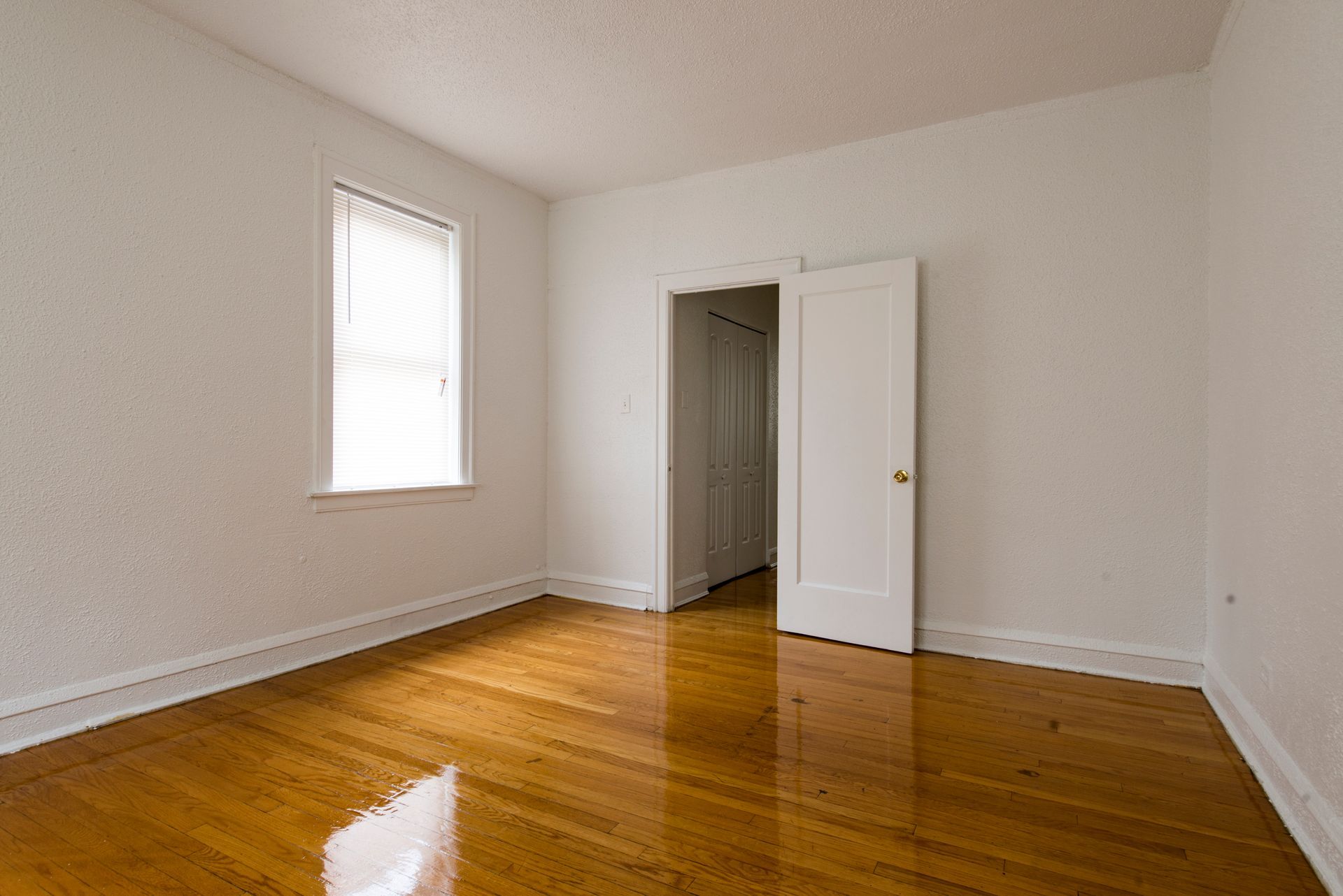 Empty room with hardwood floors, white walls, a closed door, and a window with blinds.