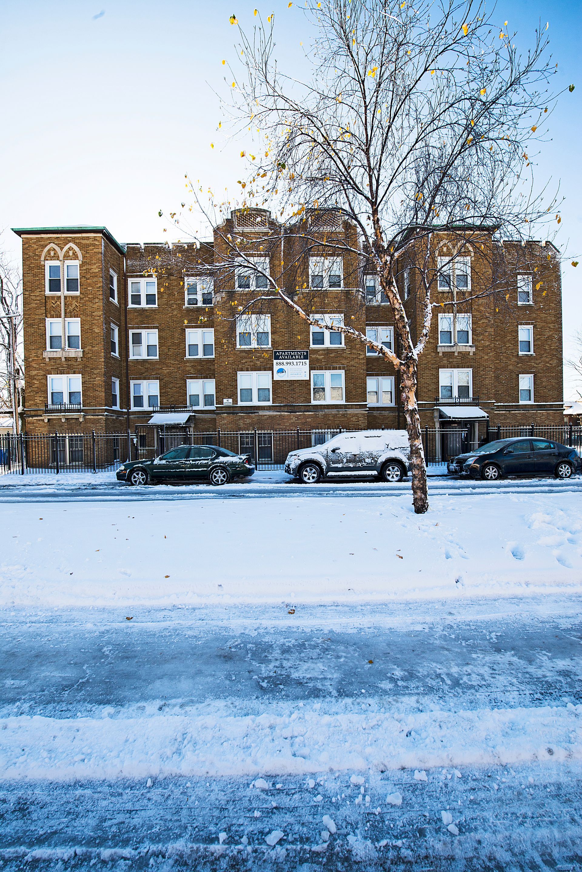 Snowy street with brick apartment building, cars parked, bare tree.