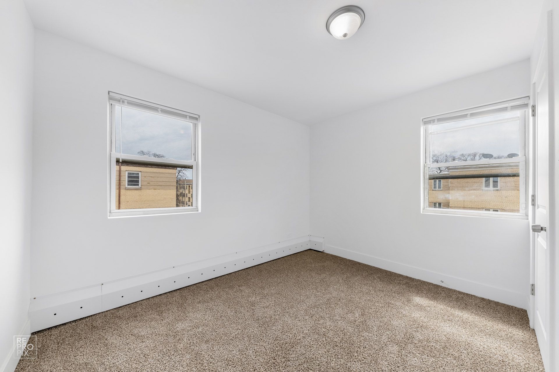 Empty white room with beige carpet, two windows, and a ceiling light.