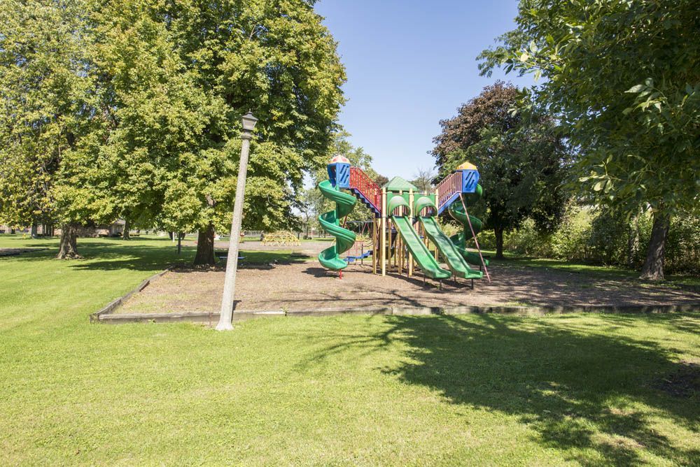 Playground set in a park. Green slides and a climbing structure on mulch, surrounded by trees and grass under a blue sky.