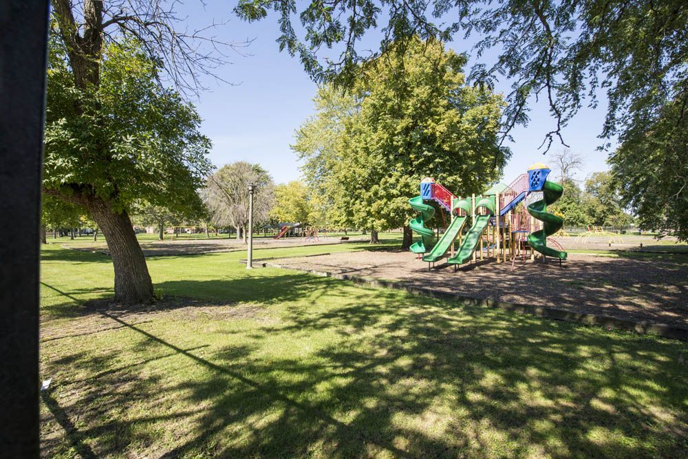 Playground with green slides and colorful climbing structures in a sunny park.