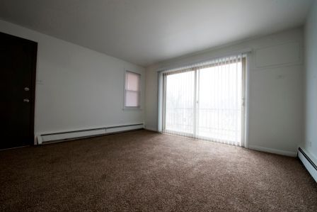 Empty room with brown carpet, white walls, dark door, and sliding glass door.
