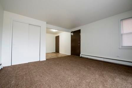 Empty room with brown carpet, white walls, and a closet. Brown door and window with shades.