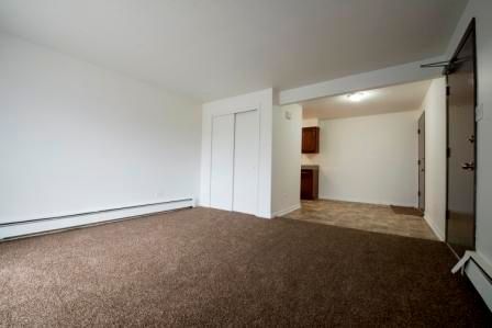 Empty room with brown carpet, white walls, and closet. Leads to a kitchen area.