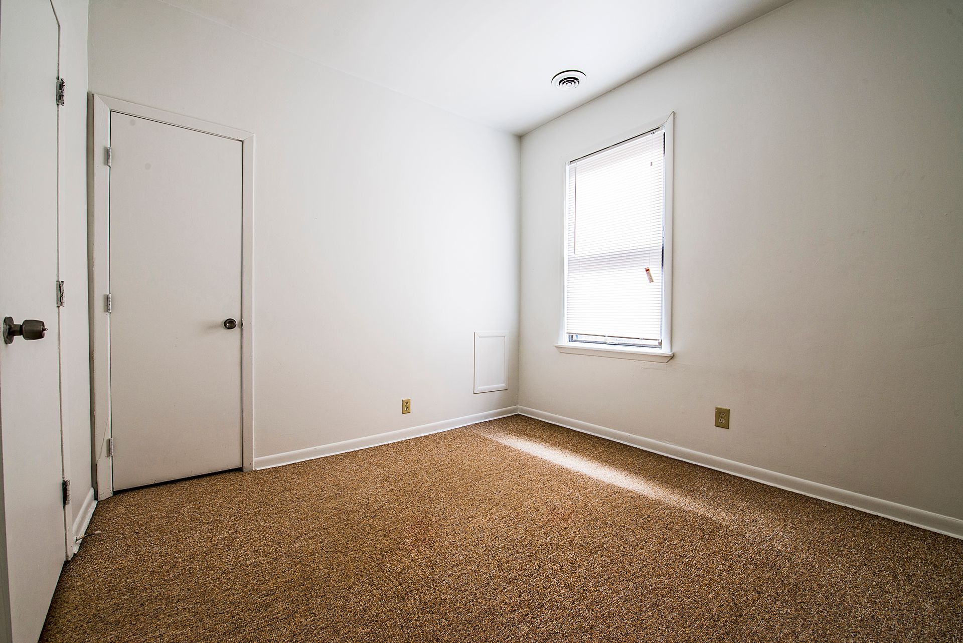 Empty room with tan carpet, white walls, two closed doors, and a window with blinds.