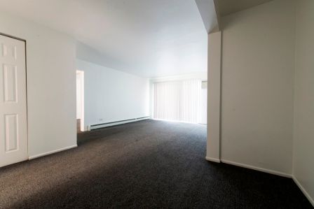 Empty living room with dark gray carpet, white walls, and sliding glass door.