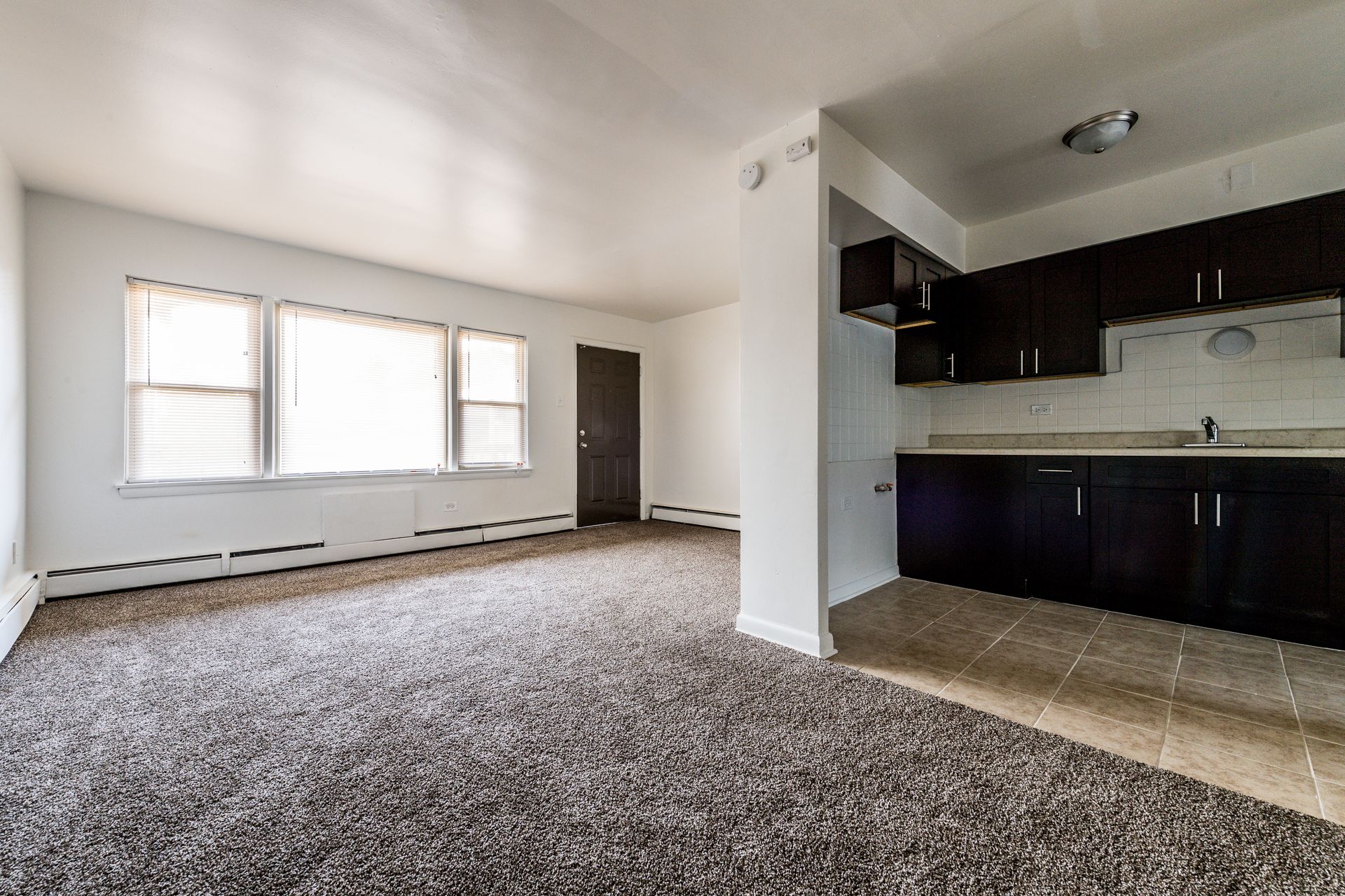 Empty apartment interior with dark kitchen cabinets, neutral carpet, and a window.