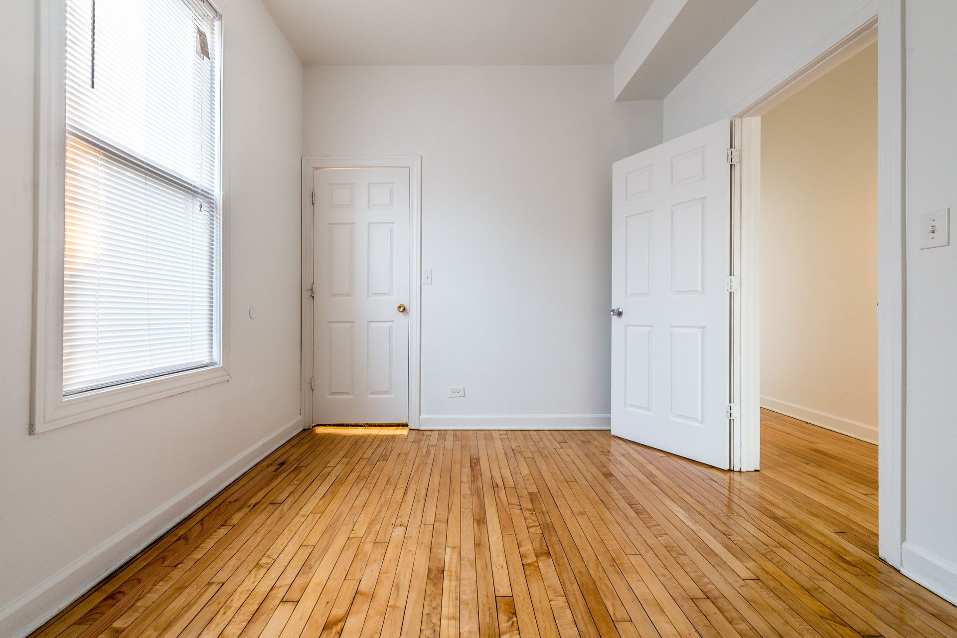 Empty room with hardwood floors, a closed door, and an open doorway. Sunlight streams in from a window.