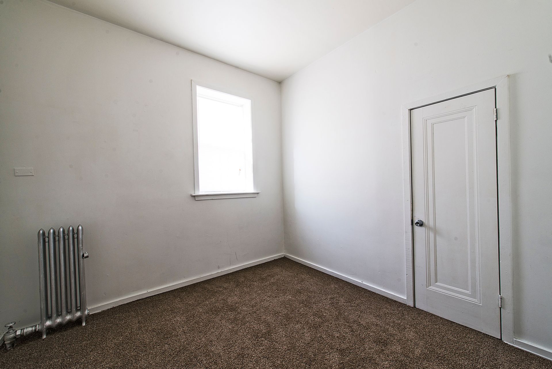 Empty room with white walls, window, door, and carpet. Includes a radiator.