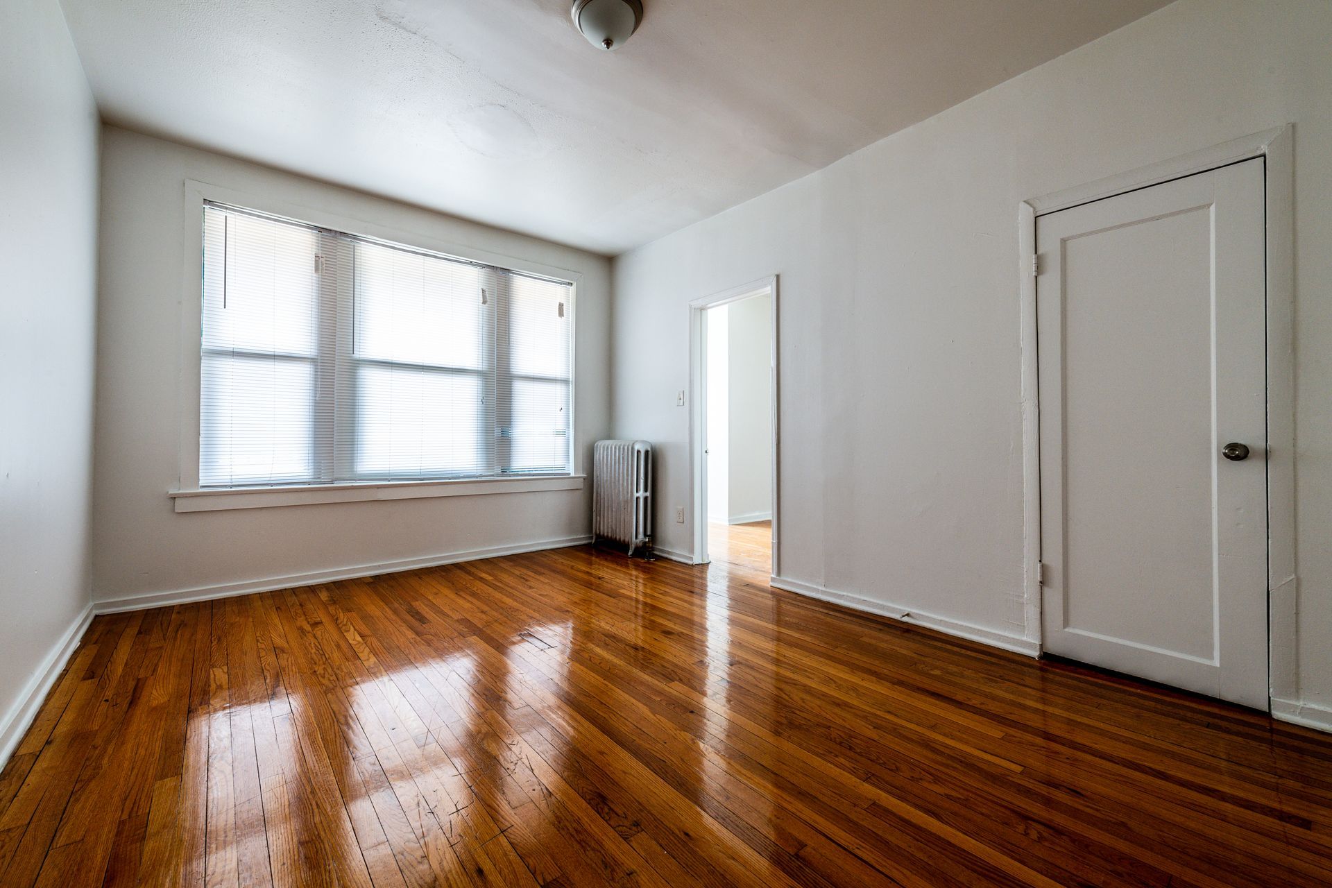 Empty room with hardwood floors, a window with blinds, and a closed white door.