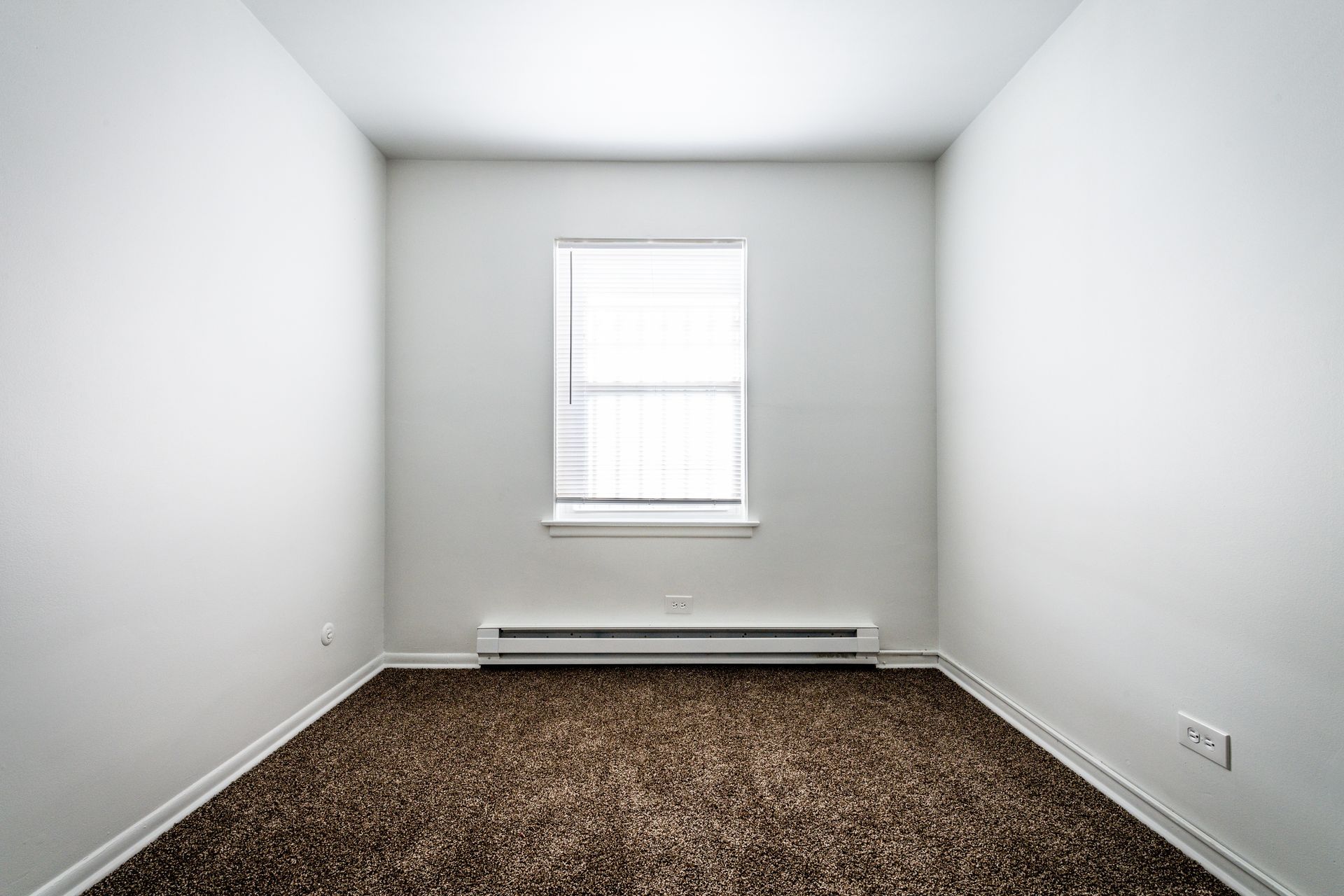Empty room with brown carpet, window, and baseboard heater.