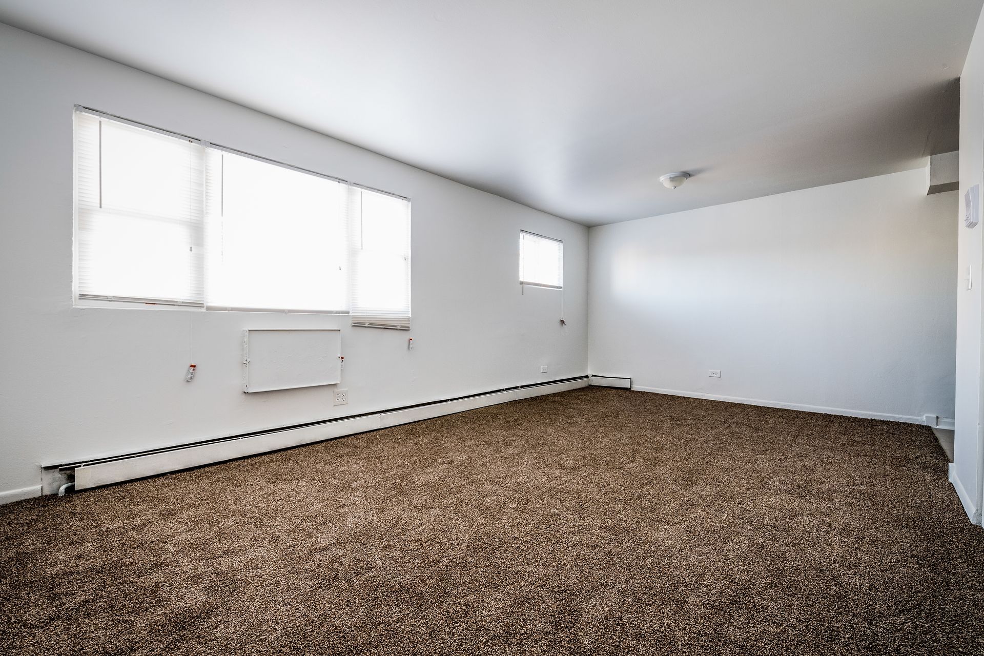 Empty room with brown carpet, white walls, and a window.