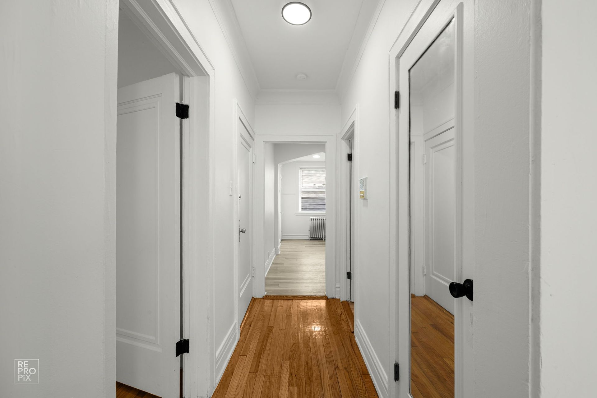Hallway with white walls, wooden floor, and black door hardware.  Doors line the sides, leading to other rooms.