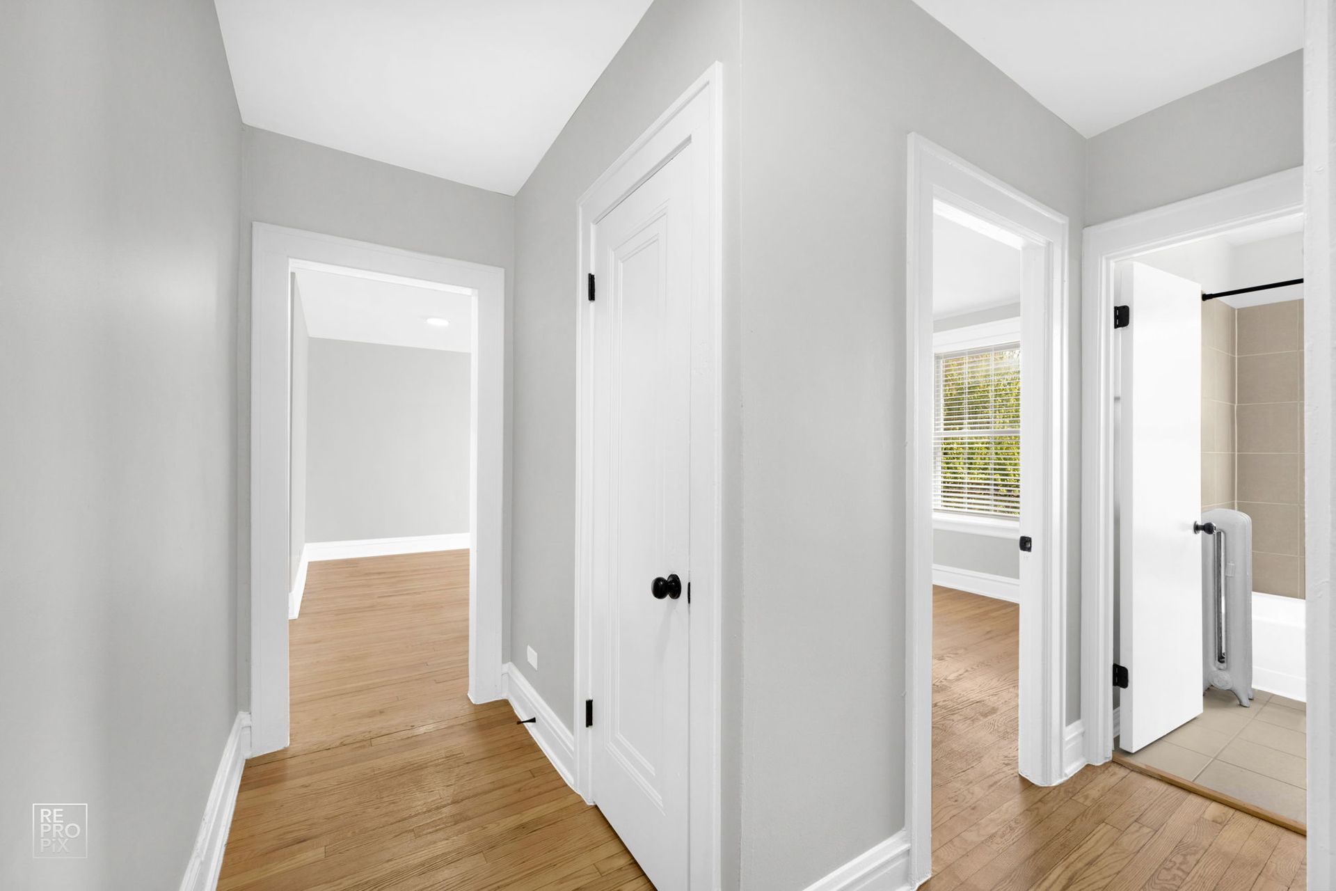 Hallway with gray walls, white trim, and hardwood floors. Open doors lead to rooms with natural light.