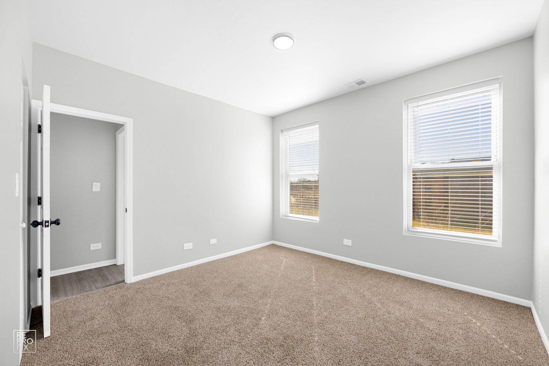 Empty bedroom with carpet, two windows with blinds, and an open door.