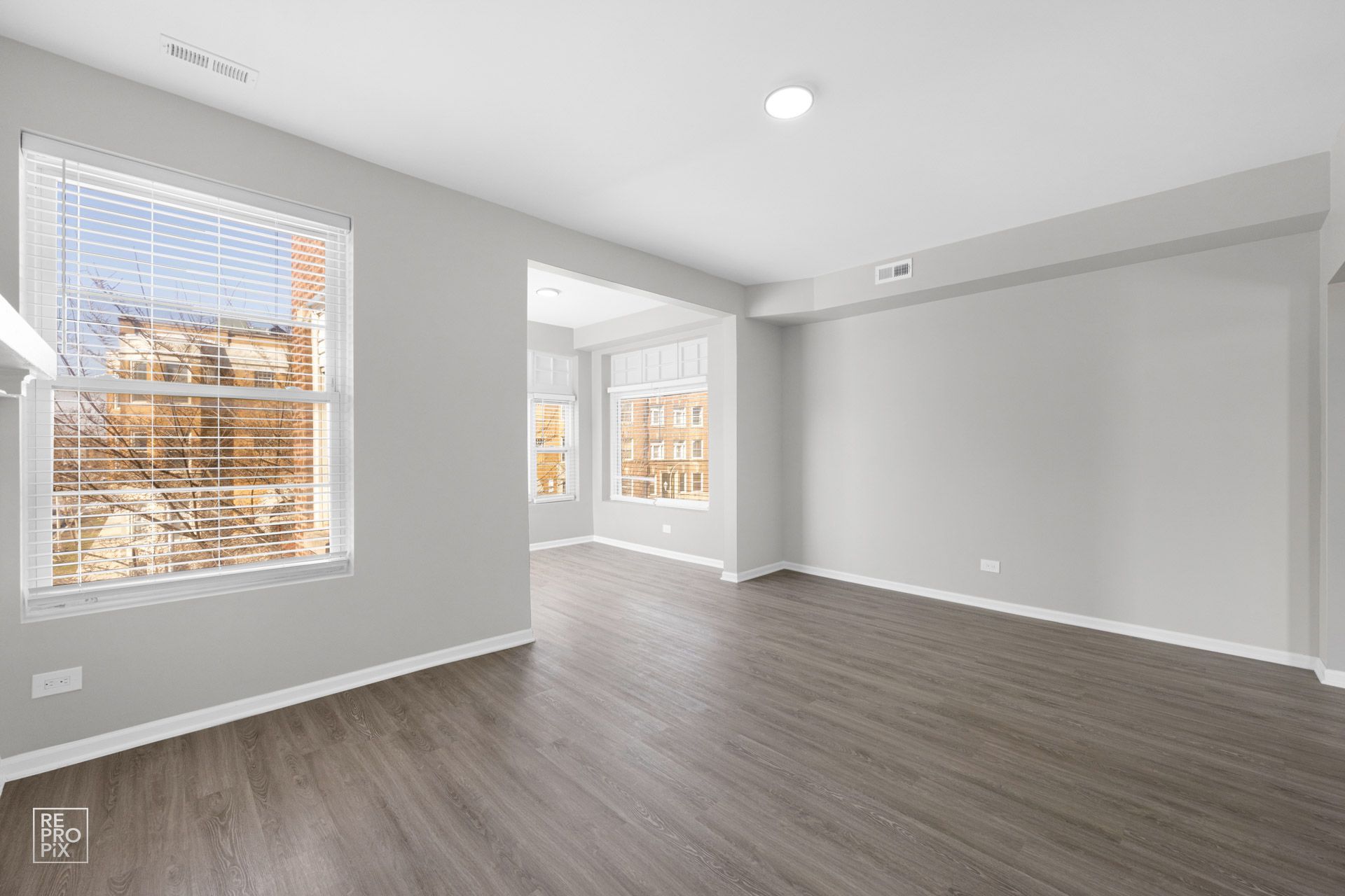 Empty living room with gray walls, wood-look flooring, and windows.