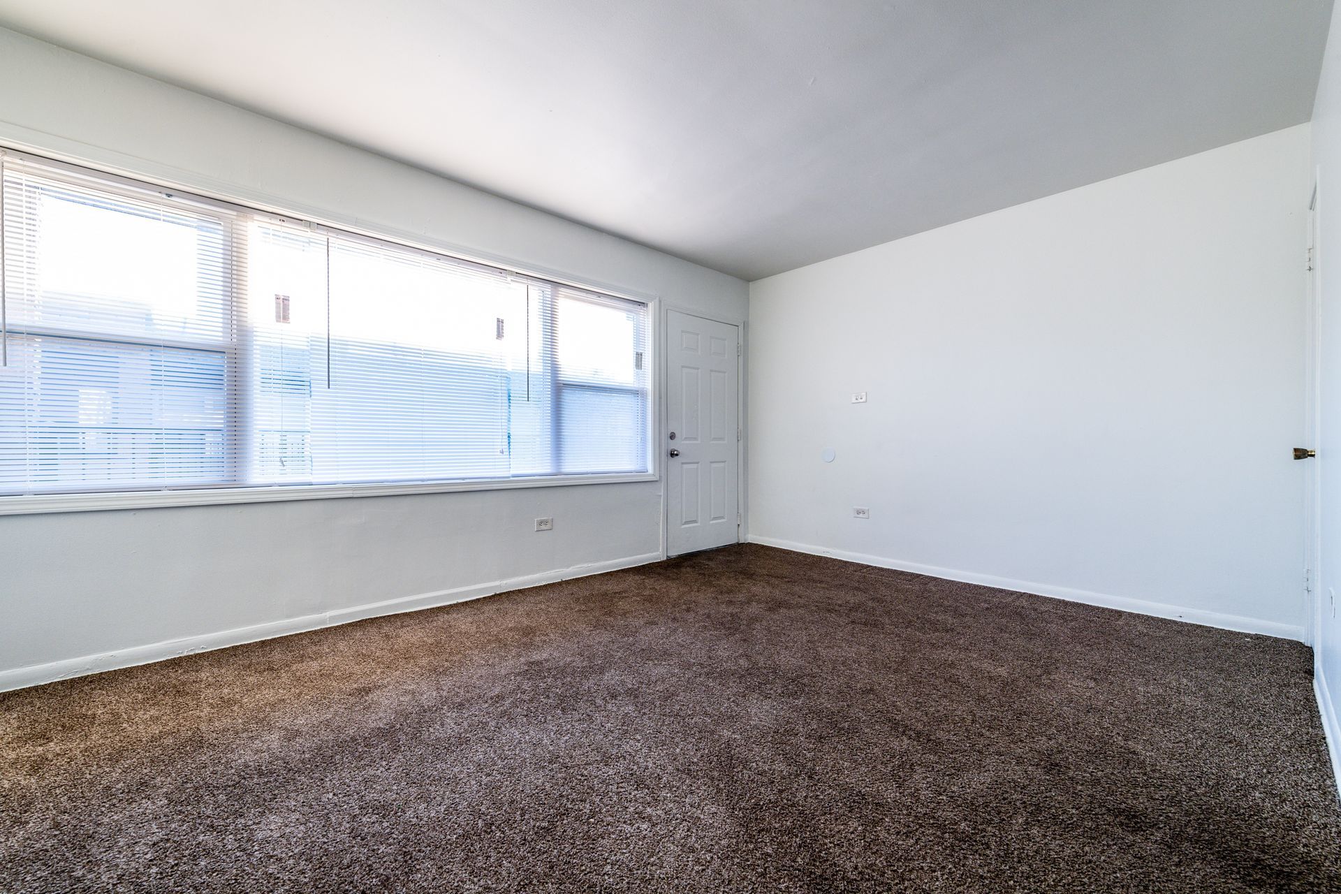 Empty room with brown carpet, white walls, large window with blinds, and a door.