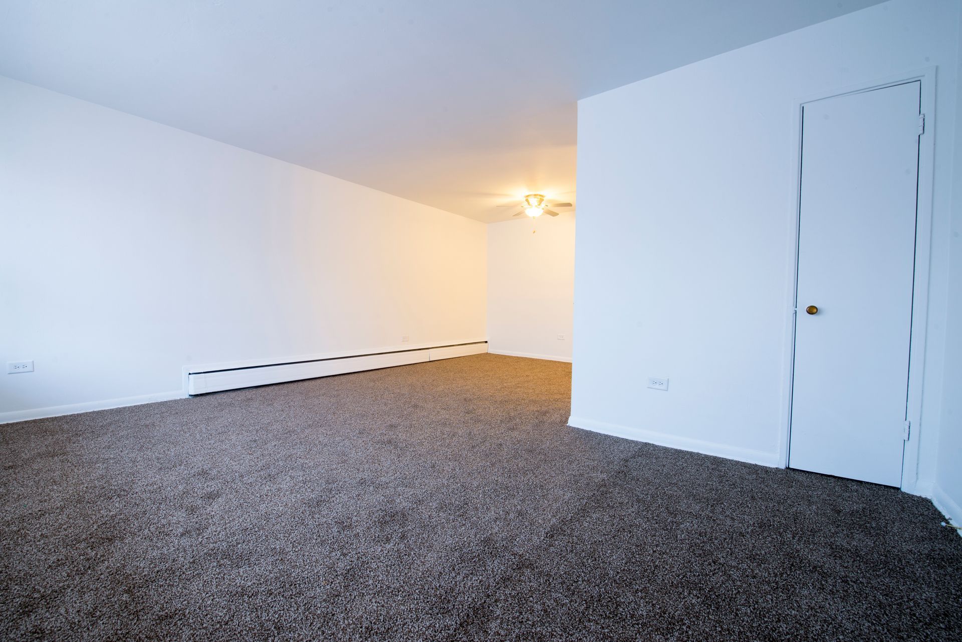Empty room with white walls, carpeted floor, and a closet door.