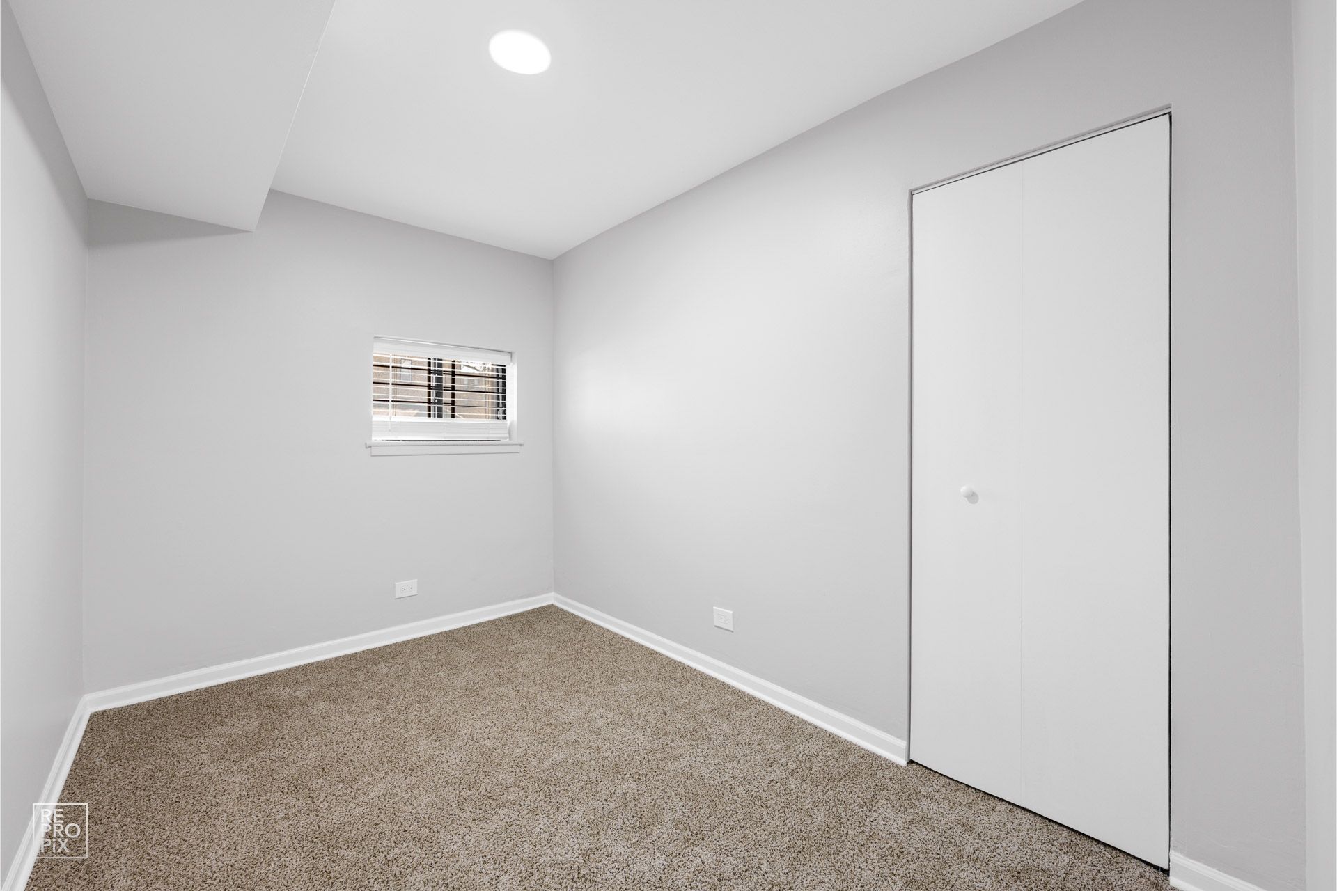 Empty room with gray walls, carpet, window, and a white closet door.