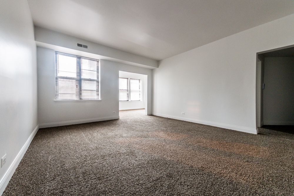 Empty room with beige carpet, white walls, and a doorway. Two windows let in light.