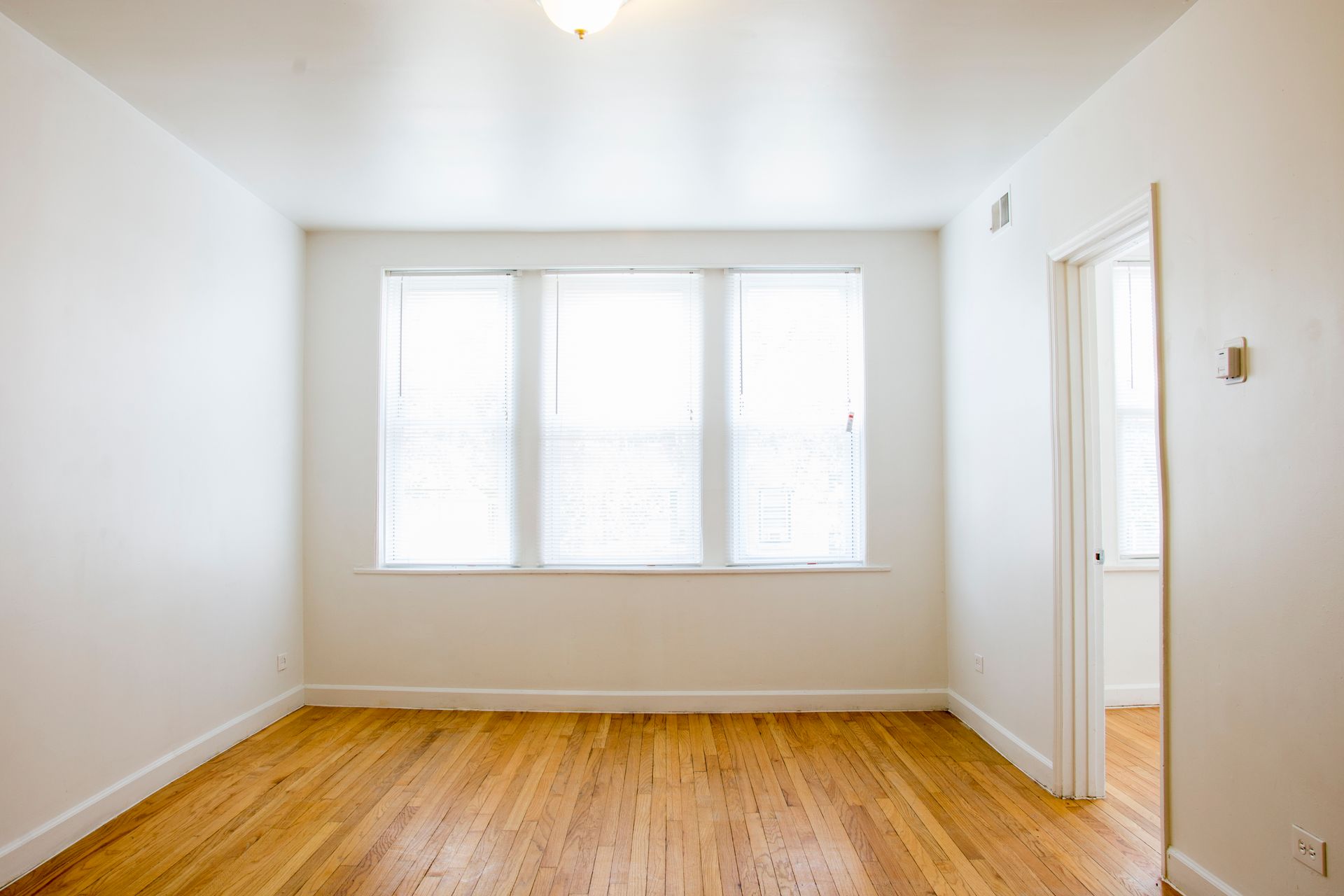 White doors in a hallway. One door is on the left, two at the end. Wood floor and white walls.