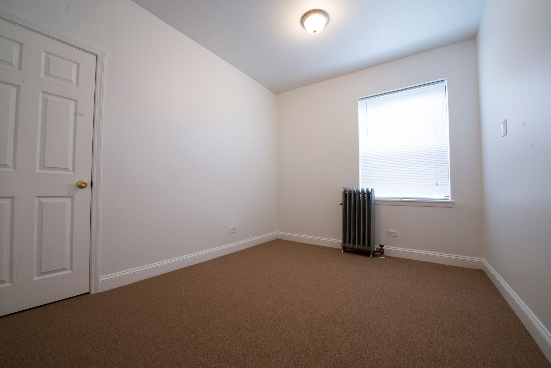 Empty room with beige carpet, white walls, closed door, window with blinds, and radiator.