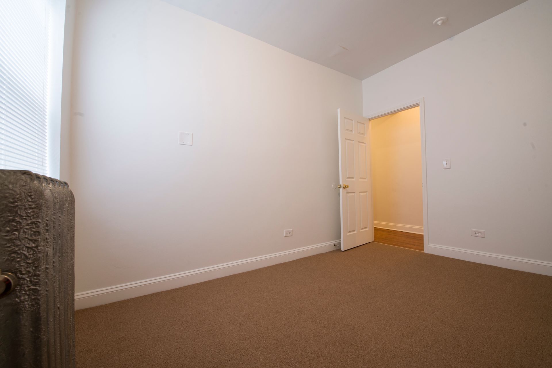 Empty room with beige carpet, white walls, open door to hallway, and radiator.