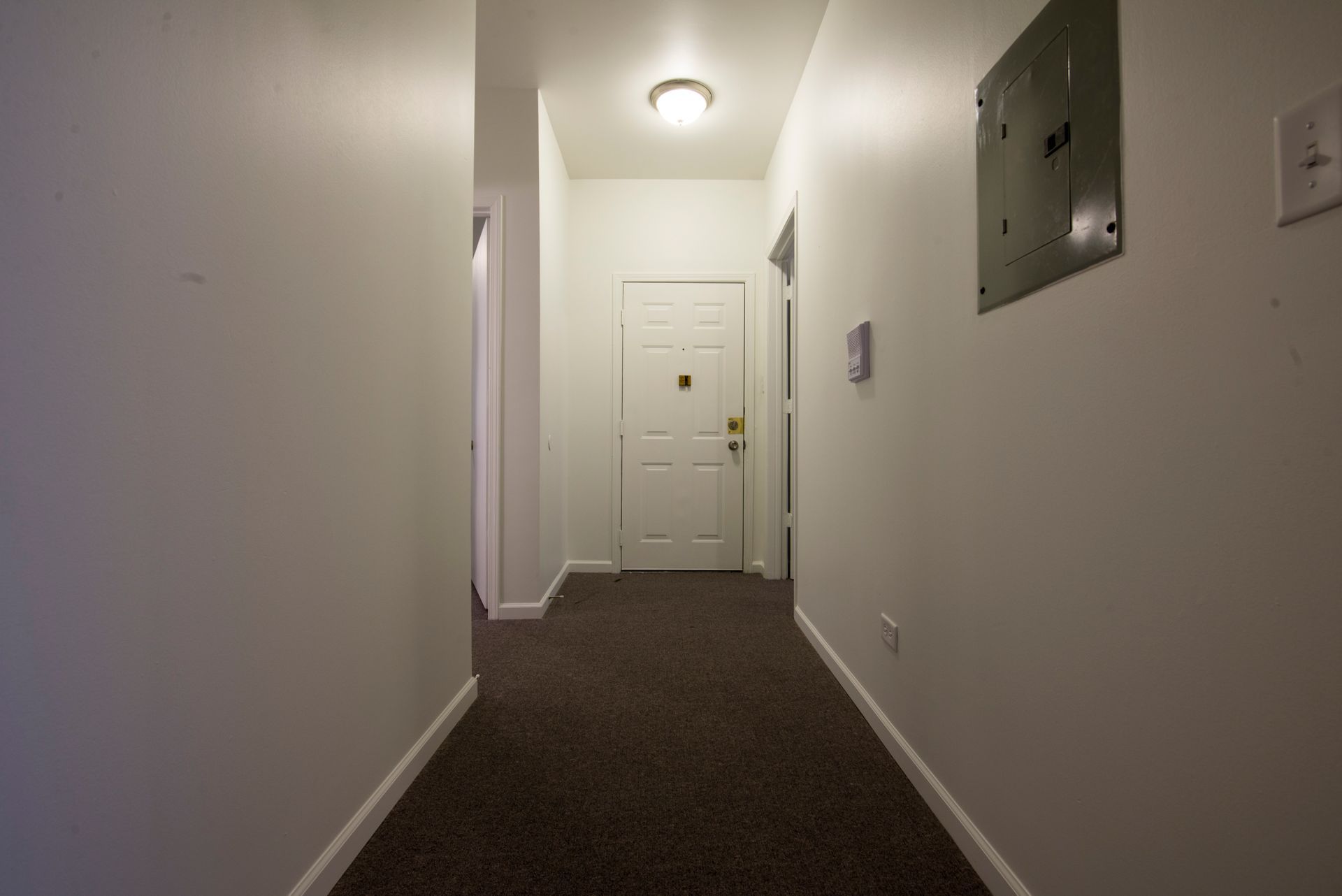 Narrow hallway with off-white walls, brown carpet, a door at the end, and a ceiling light.