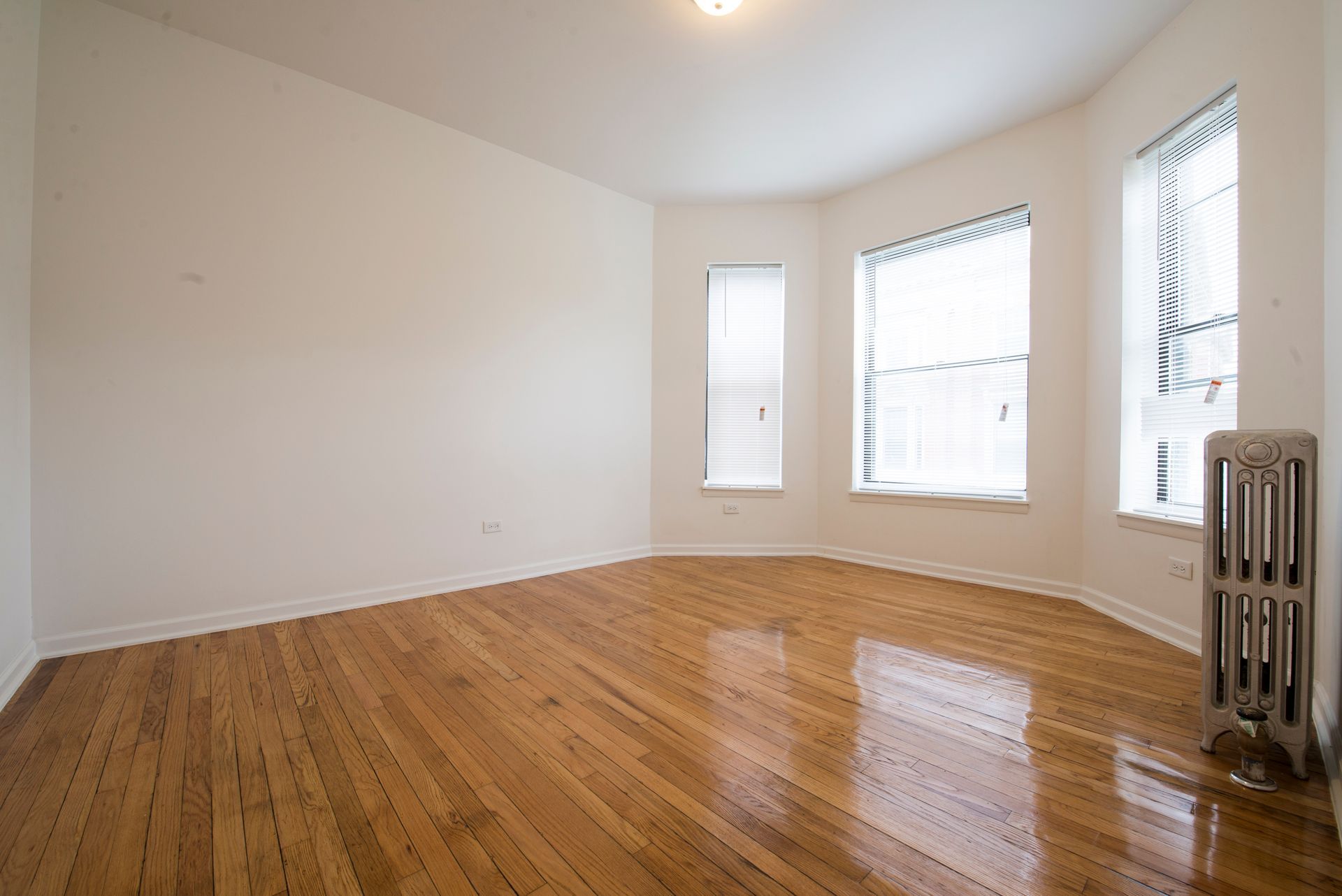Empty room with hardwood floors, three windows, and a radiator.
