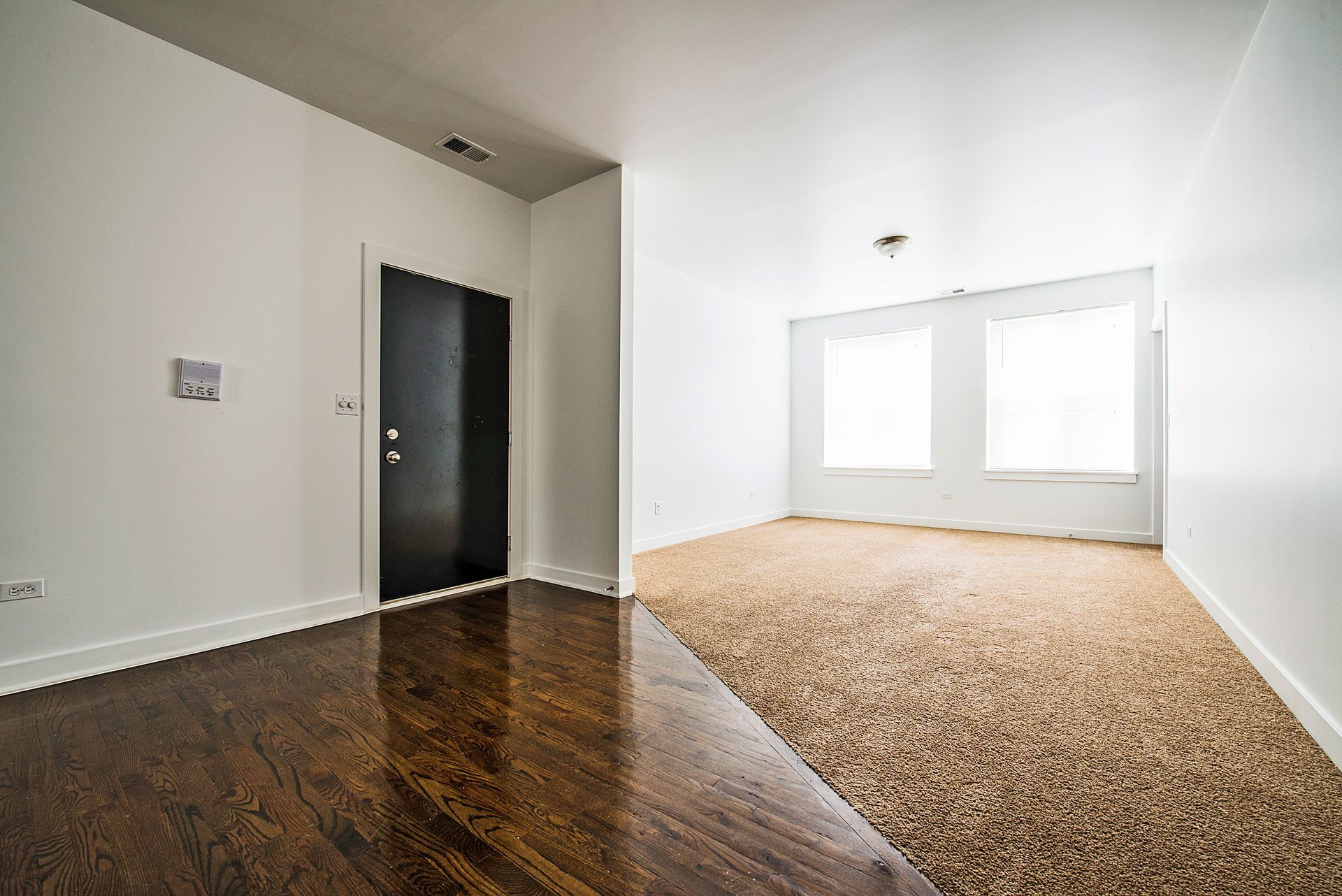 Interior view of a room with hardwood floor and brown carpet, black door, and two windows.