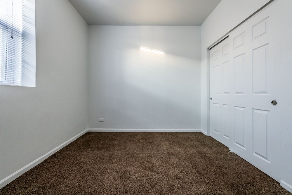 Empty room with brown carpet, white walls, closet, and a window with blinds.